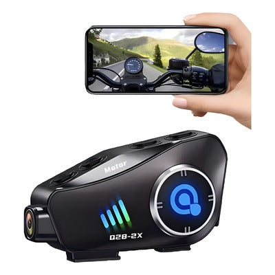 Cámara para casco de moto con audífono intercomunicador asistente de voz y bluetooth Q8-MAX